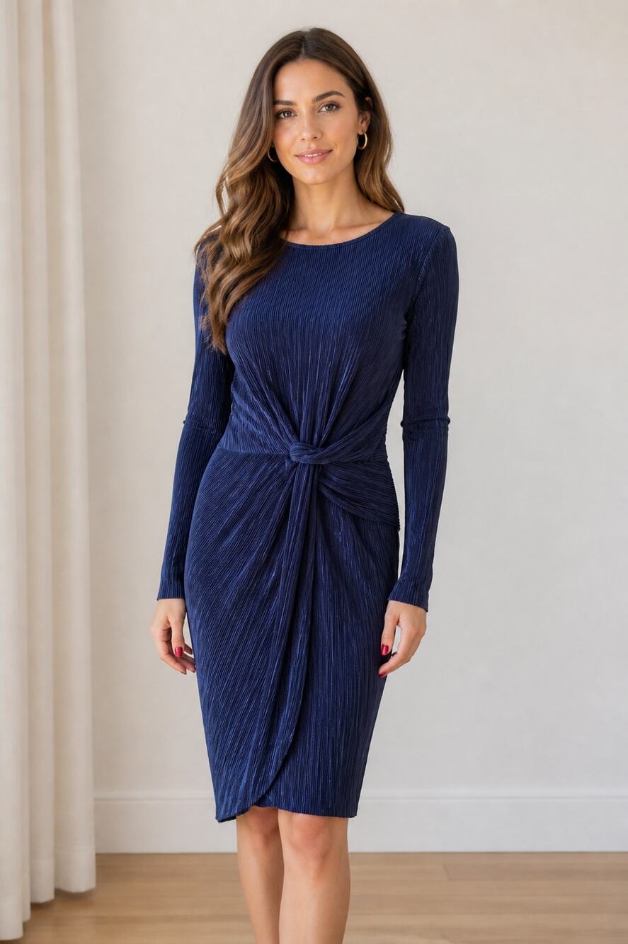 Mango Navy Blue Long Sleeve Knot Front Dress M